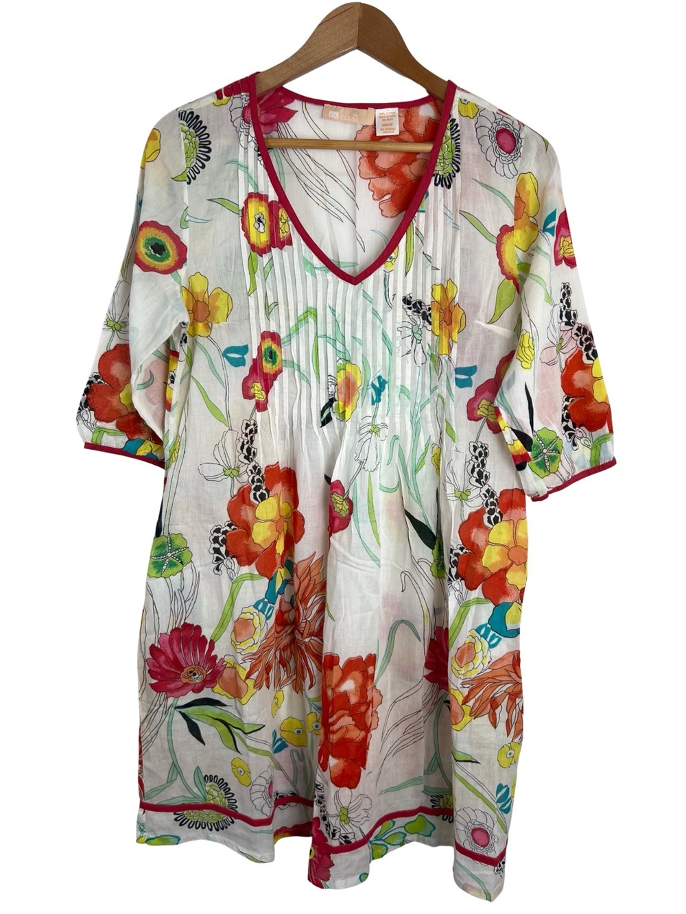 La Cera Floral Boho Dress 100% Cotton Lightweight  3/4 sleeve Pockets Medium